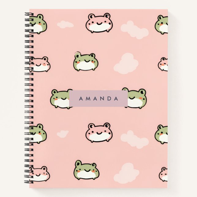 Personalize Cute Kawaii Pastel Frog Design on Pink Notebook (Front)