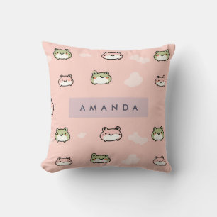 Personalize Cute Kawaii Pastel Frog Design on Pink Throw Pillow