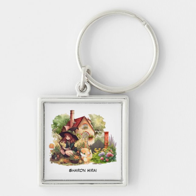 Personalize | Cute Little Witch And Fox Keychain (Front)