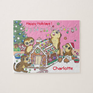 Personalize Cute Meerkats jigsaw puzzle pink