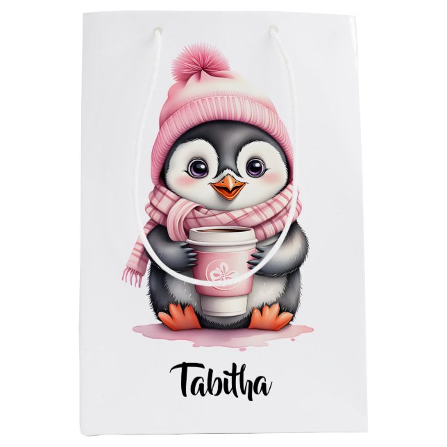 Personalize Cute Pink Penguin Christmas Gift Bag (Front)
