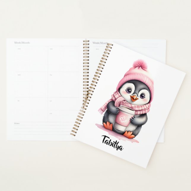 Personalize Cute Pink Penguin Christmas  Planner (Display)