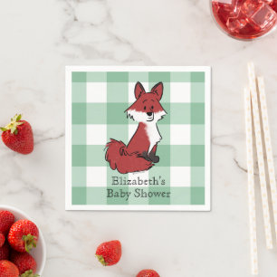 Personalize Cute Red Fox Green Gingham Baby Shower Napkin