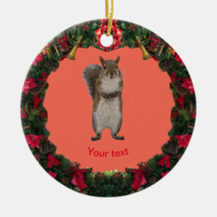Personalize cute Squirrel in Christmas wreath Ceramic Ornament