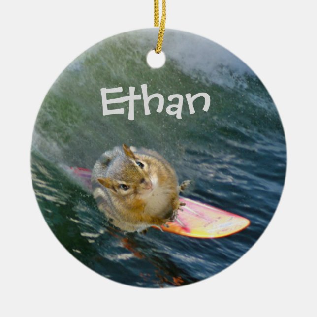 Personalize Cute Surfing Chipmunk Ceramic Ornament (Front)