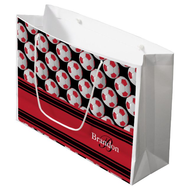 Personalize Dark Red Soccer Balls Large Gift Bag (Front Angled)