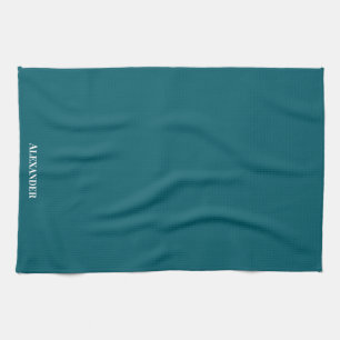Personalize Dark Teal Blue Plain Solid White  Kitchen Towel