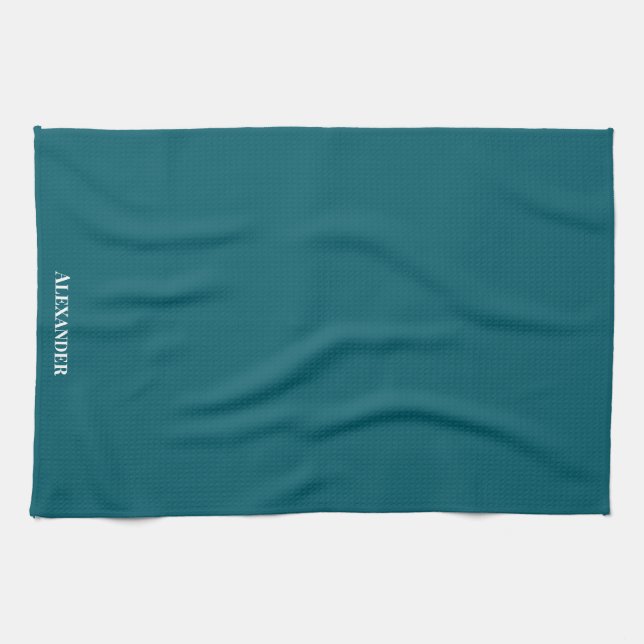 Personalize Dark Teal Blue Plain Solid White  Kitchen Towel (Horizontal)