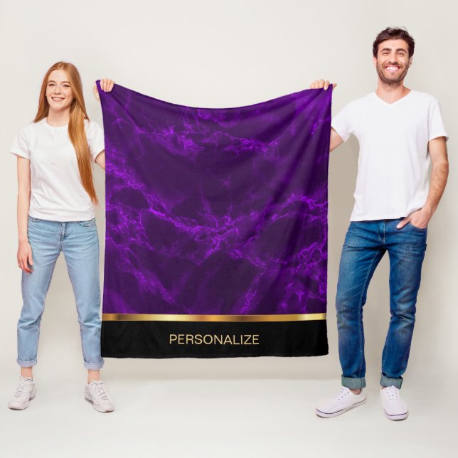 Personalize Deep Purple Marble and Gold Fleece Blanket (In Situ)