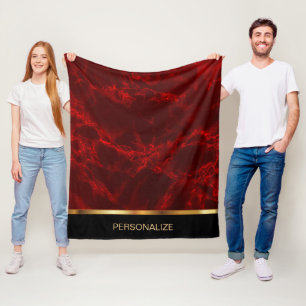 Personalize Deep Red Marble and Gold Fleece Blanket