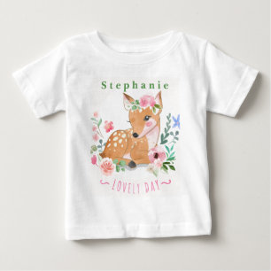 Personalize Deers Lovely Day Outside Among Flowers Baby T-Shirt