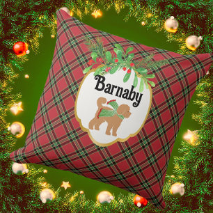 Personalize Doodle Dog Red Christmas Plaid Throw Pillow
