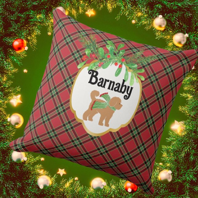 Personalize Doodle Dog Red Christmas Plaid Throw Pillow (Personalize it! Available in 3 sizes.)