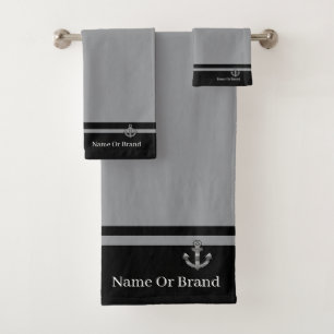 Personalize Double Band Black Grey Anchor Bath Towel Set