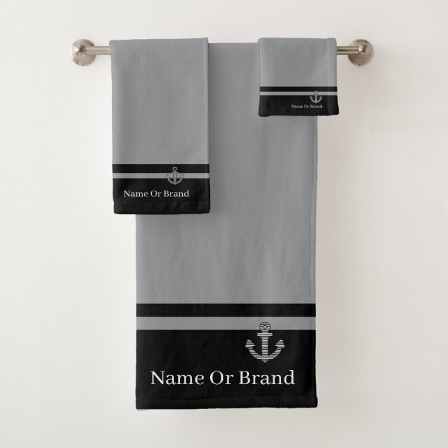 Personalize Double Band Black Grey Anchor  Bath Towel Set (Insitu)