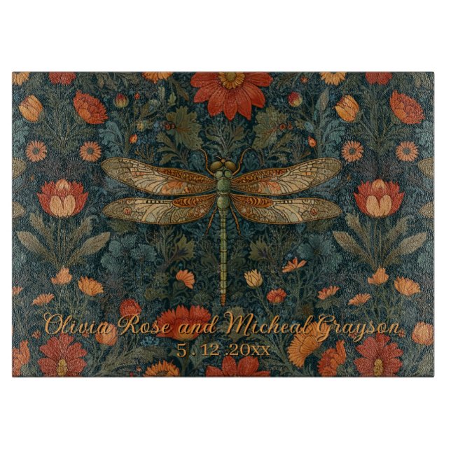 Personalize dragonfly orange floral boho chic cutting board (Front)