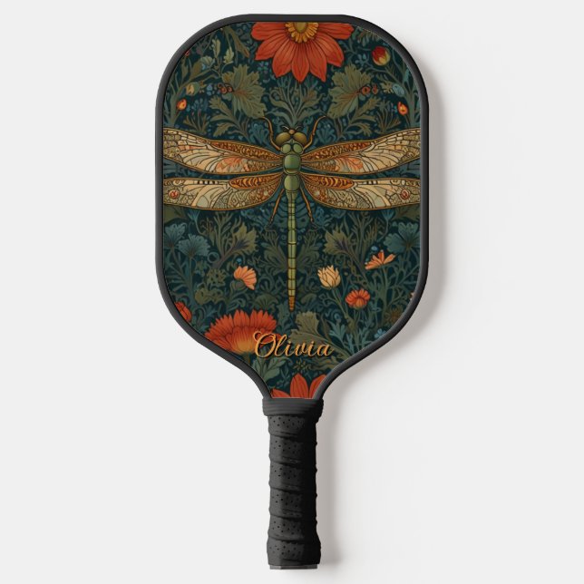 Personalize dragonfly orange floral boho chic pickleball paddle (Front)