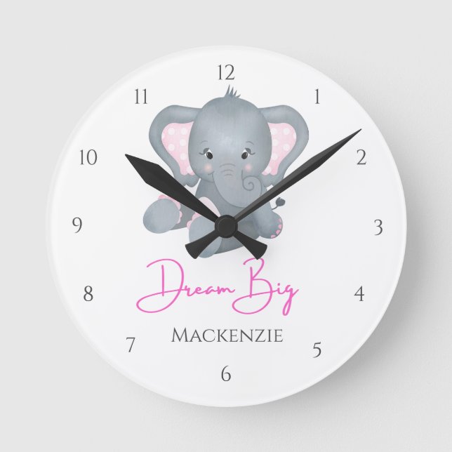 Personalize Dream Big Pink Grey Elephant Baby Girl Round Clock (Front)