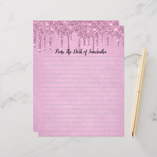 Personalize Dripping Glitter Pink Lined Stationary (Front/Back In Situ)