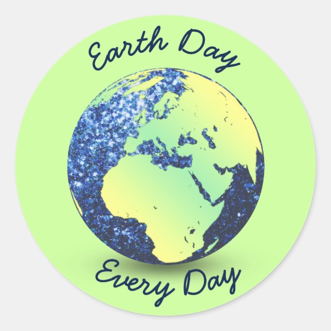 Personalize Earth Day blue sparkles Globe Classic Round Sticker (Front)