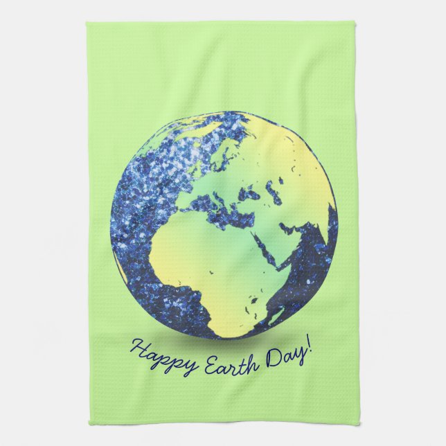 Personalize Earth Day blue sparkles Globe Kitchen Towel (Vertical)