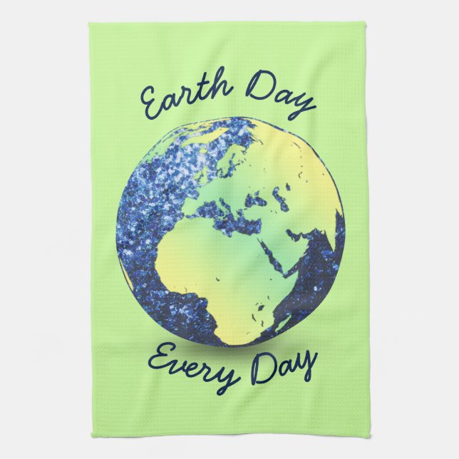 Personalize Earth Day blue sparkles Globe Kitchen Towel (Vertical)