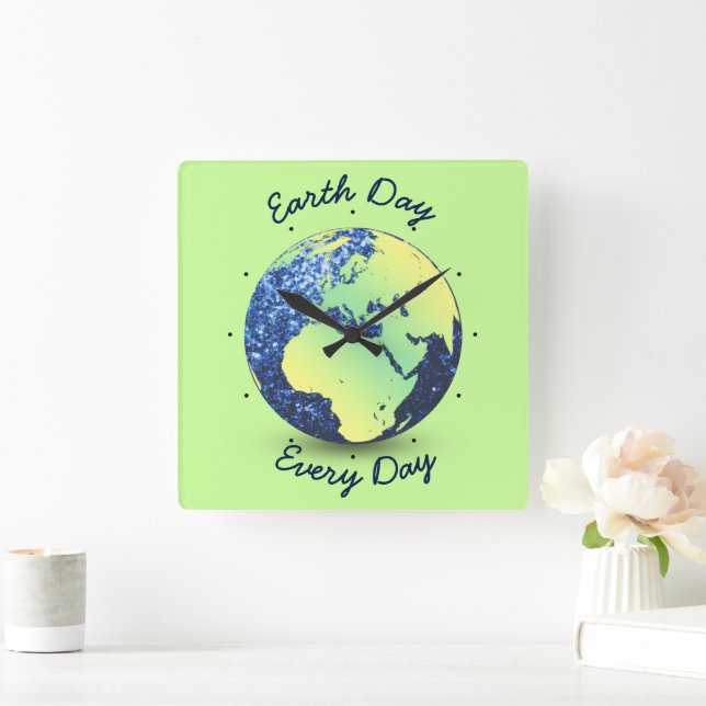 Personalize Earth Day blue sparkles Globe Square Wall Clock (Home)