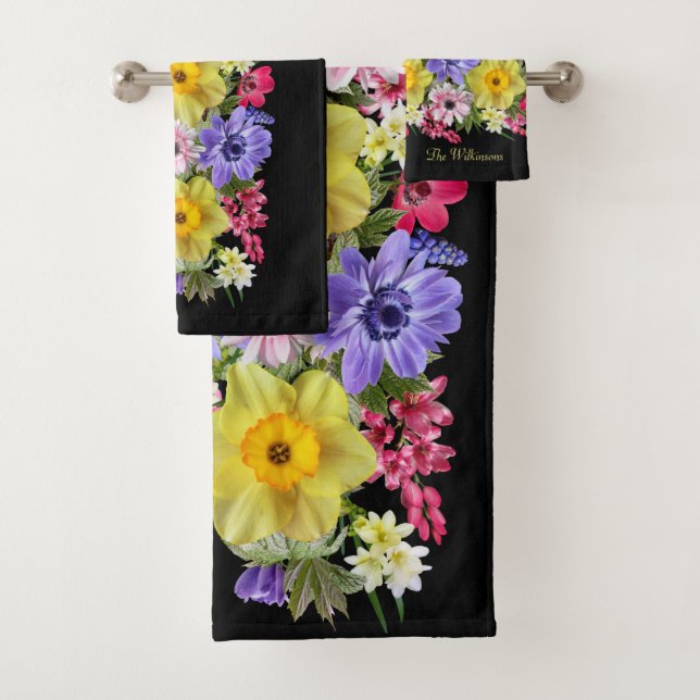 Personalize Elegant Black Floral Anemone Hyacinth Bath Towel Set (Insitu)