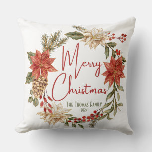 Personalize Elegant Christmas Greetings Floral Throw Pillow