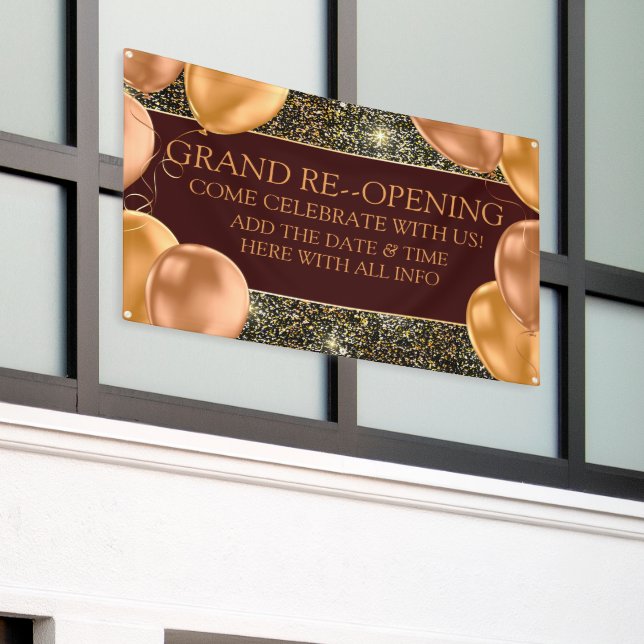 Personalize Elegant Grand Re-Opening Gold Balloons Banner (Outside Building)