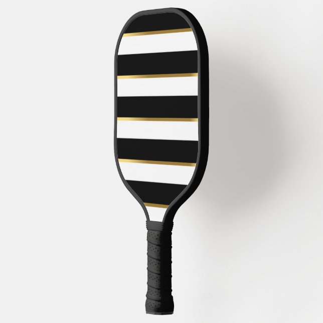 Personalize Elegant Stripe Black Gold White Pickleball Paddle (Left)