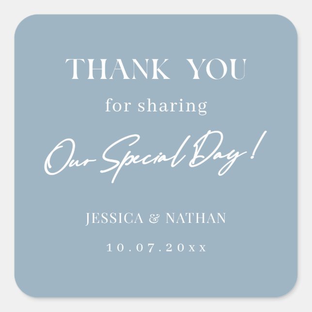 Personalize Elegant Wedding Thank You Dusty Blue Square Sticker (Front)