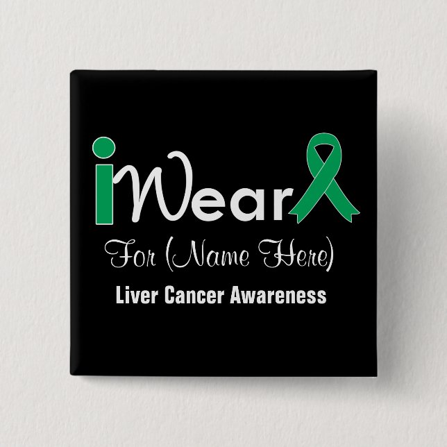 Personalize Emerald Green Ribbon Liver Cancer 2 Inch Square Button (Front)