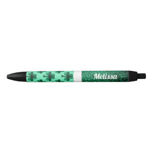 Personalize Emerald Green Sparkles Shamrock Clover Black Ink Pen
