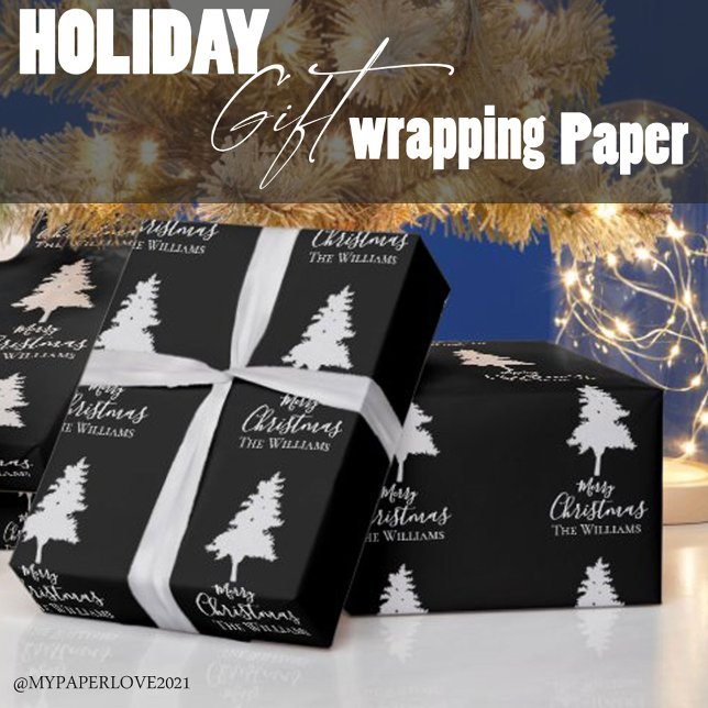 Personalize Family Name | Black White Christmas Wrapping Paper (Creator Uploaded)