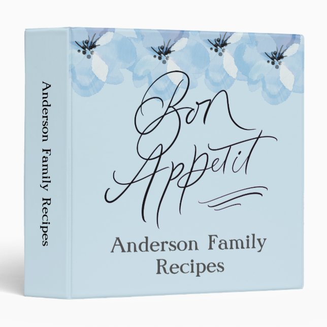 Personalize Family Recipes Bon Appetit Blue Floral Binder (Front/Spine)