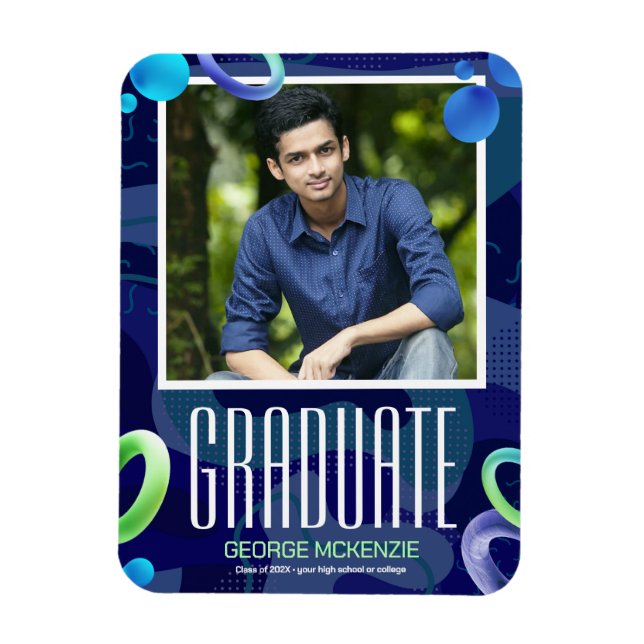 Personalize fancy blue graduation announcement magnet (Vertical)