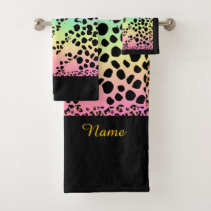 Personalize Faux Rainbow Leopard Animal Print  Bath Towel Set
