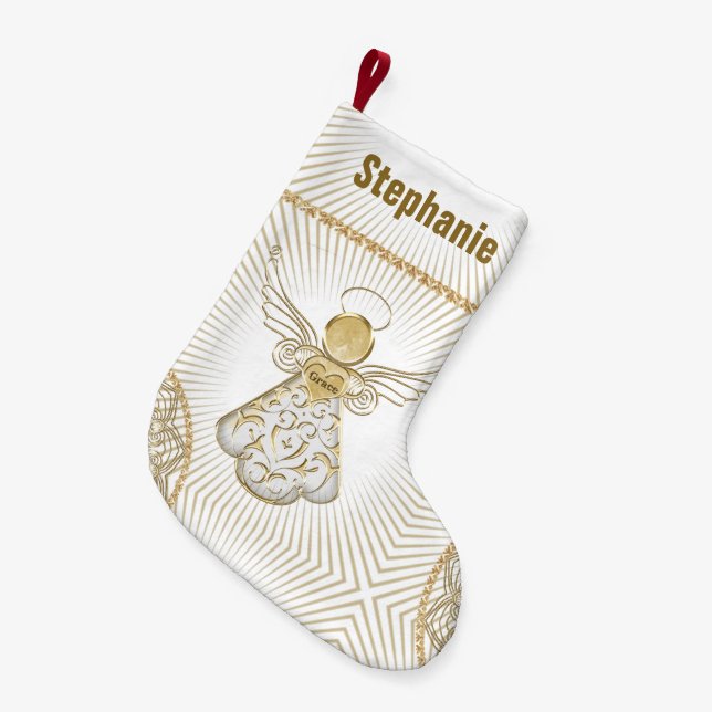 Personalize:  Filigree Christmas Angel of Grace Small Christmas Stocking (Front (Hanging))