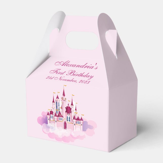 Personalize First Birthday Child Name Pink Castle Favor Box (Front Side)