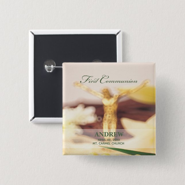 Personalize, First Communion Congratulations 2 Inch Square Button (Front & Back)