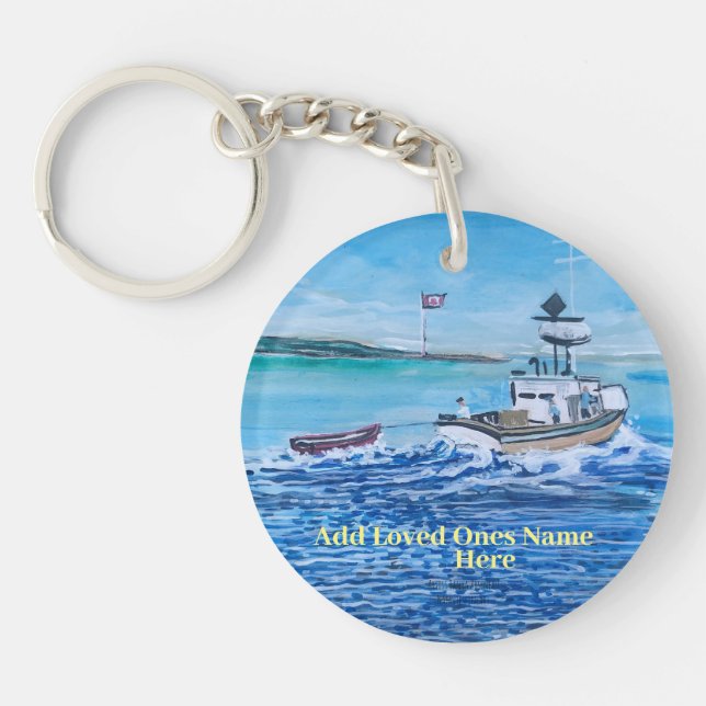 PERSONALIZE FISHERMEN AT SEA Blues Rustic Keychain (Front)