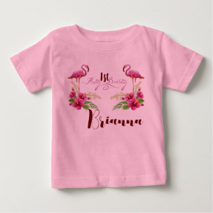 Personalize Flamingo Hibiscus Pink Girly Birthday Baby T-Shirt