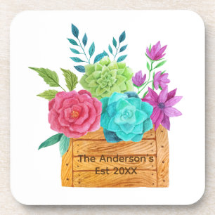 Personalize Floral Basket Pink Blue Green Flowers Coaster