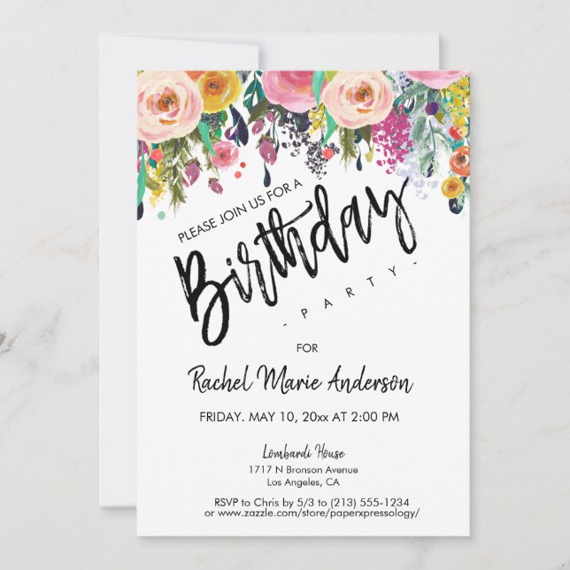 Personalize Floral Blooms Script Birthday Party  Invitation (Front)