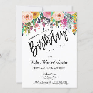 Personalize Floral Blooms Script Birthday Party  Invitation