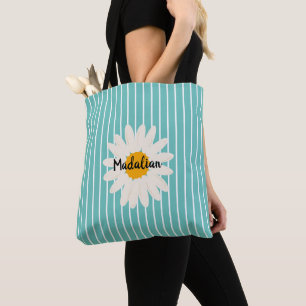 Personalize floral blue stipes Modern summer Tote Bag