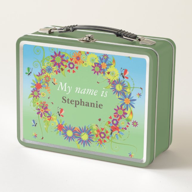 Personalize Floral Border Colourful Flowers Insect Metal Lunch Box (Front)