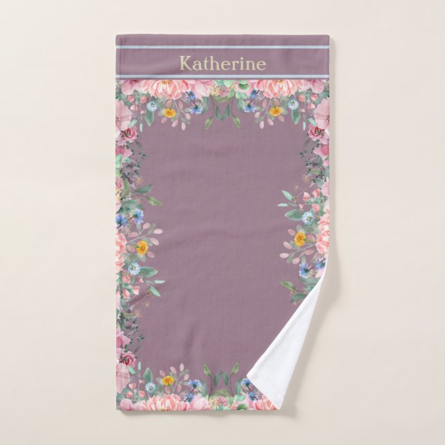 Personalize Floral Border Mountbatten Pink  Hand Towel (Hand Towel)