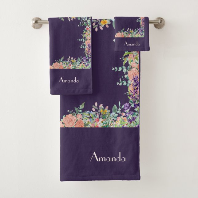 Personalize Floral Border on Purple Background Bath Towel Set (Insitu)